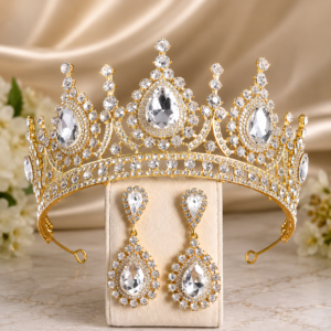 Set corona y aretes white and gold color T5-005